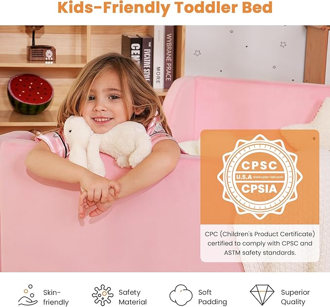 Toddler Bed, Whole Soft Padded Toddlers Floor Bed Frame, Kids Beds with Extra Safety Broad, Toddler Beds for Girls Boys Children - Standard Crib Size (Mattress NOT Included)