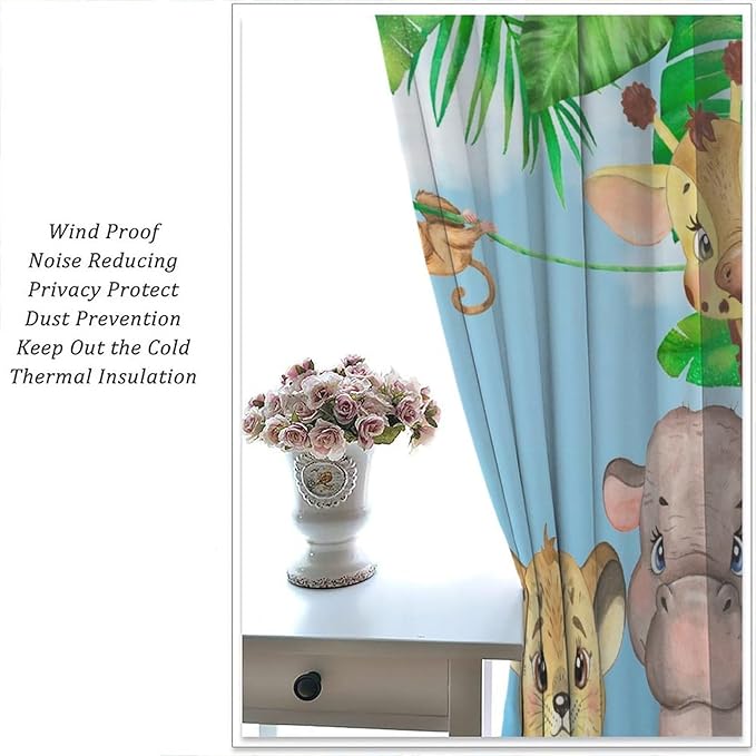 Kids Animals Blackout Curtains Watercolor Cartoon Cute Animals Green Jungle Art Printed for Children Girls Boys Bedroom Nursery Rod Pocket Decoration Window Drapes 2 Panels W26xL84in