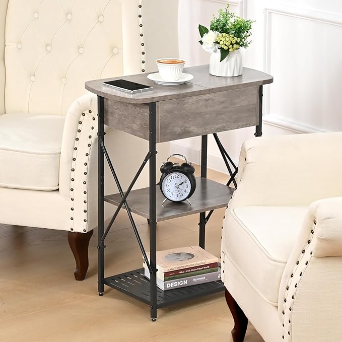 Livofloral Narrow Side Table with Charging Station, End Tables Set of 2 for Small Spaces, Flip Top End Table with Storage, End Tables Living Room, Nightstand Set 2 with Drawer for Bedroom, Grey