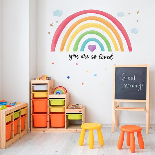 Containlol Rainbow Wall Decals, Playroom Wall Decor for Girl Room, Watercolor Peel and Stick Wallpaper, Boho Wallpaper 30 x 14 Inch Heart Art Stickers for Toddler Bedroom Nursery(Dark Color,Bright)