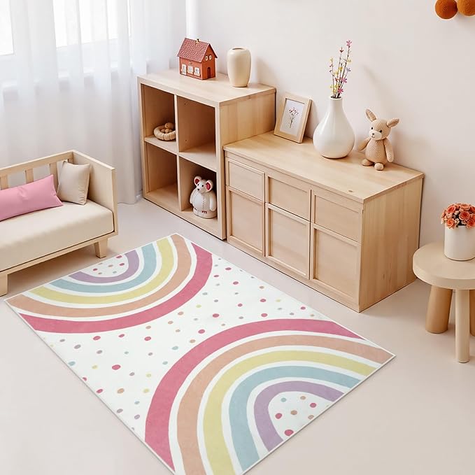 STARUIA Washable Rainbow Rug for Girl Nursery, Small Rug 3X 5 Colorful Area Rugs for Kids Bedroom, Non-Slip Soft Polka Dot Carpet Kids Rugs for Classroom Playroom Tent Castle