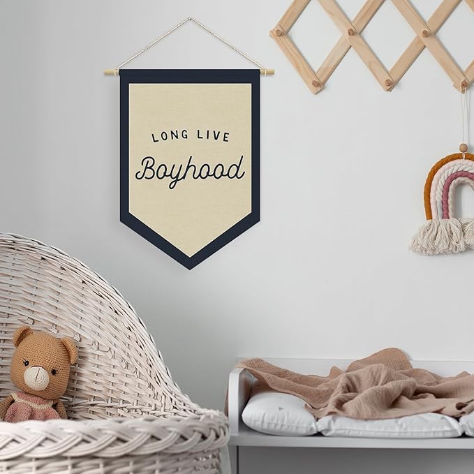 Boys Room Decor, Long Live Boyhood Linen Canvas Banner, Boy Nursery Wall Hanging Pennant Flag Banner for Boys Kids Toddler Room Bedroom Playroom Decor, 15x11in - Navy Blue