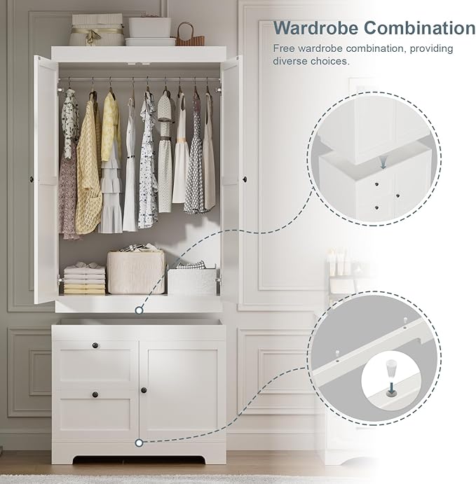2 Doors Armoire Wardrobe Closet with 2 Drawers, Modern Modular Closet Wardrobe Cabinet with Shelves and Hanging Rod, Freestanding Wooden Armoire for Bedroom, White