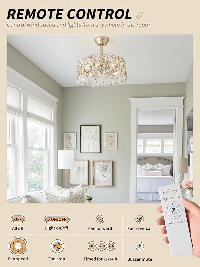 20" Gold Crystal Fandelier Ceiling Fans with Lights, Gold Chandelier Ceiling Fan with Light Remote Control, Mid-Century Modern Caged 6 Speeds for Bedroom, Nursery, Foyer, Living Room