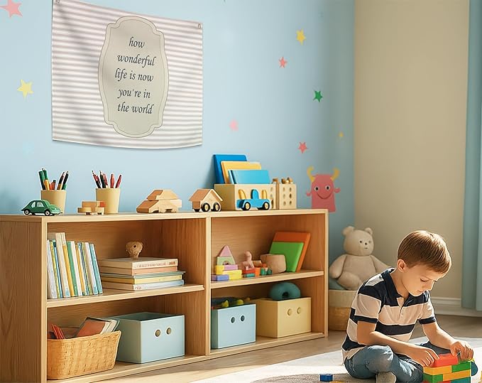 Nursery Baby Present-Rectangular Banner Flag Art Wall Decor Gift for Baby Boy Girl Kid Teen,Homeschool Bedroom Playroom Decor-Baby Shower Birthday Christmas Gift-How Wonderful Life is Now You're in the World
