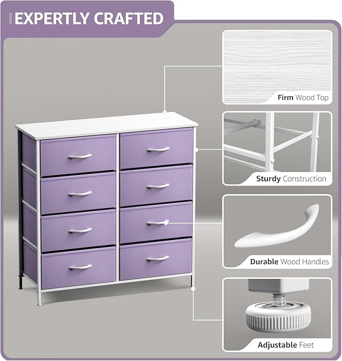 Sorbus Kids Dresser with 8 Drawers - Storage Unit Organizer Chest for Clothes - Bedroom, Kids Room, Nursery, & Closet (Purple, 31.5 x 12 x 32-8 Drawer)