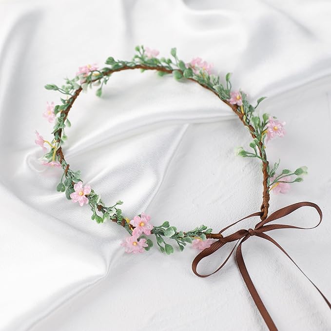 Handmade Pink Flower Crown Girls Hair Wreath Bridal Flower Headband Green leaf Headpiece Floral Hair Accessories for Weeding Birthday Party Cosplay