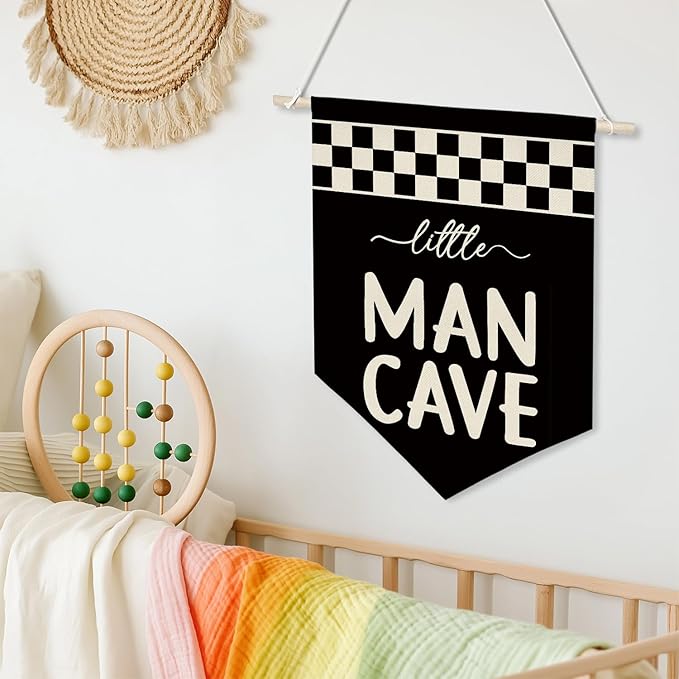 Little Man Cave Wall Banner for Boys Room – Black & White Checkered Canvas Wall Hanging Sign for Kids Playroom, Toddler Bedroom Decor, Cool Poster Gift for Son or Grandson 11x16 inch(KD25)