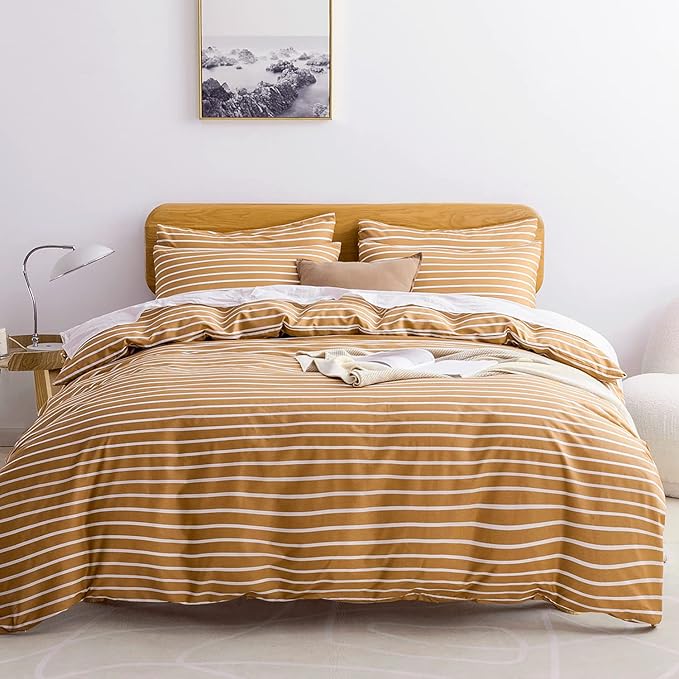 JELLYMONI Queen Duvet Cover Set, Cotton Duvet Cover 3 Pieces with Zipper Closure, 1 Duvet Cover and 2 Pillowcases(Rust with White Striped)