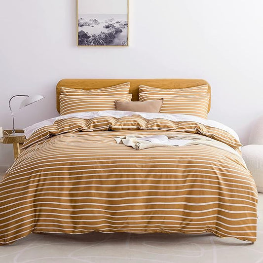 JELLYMONI Twin Duvet Cover Set, Cotton Duvet Cover 2 Pieces with Zipper Closure, 1 Duvet Cover and 1 Pillowcase(Rust with White Striped)