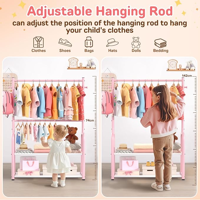 Kids Clothing Rack with 2-Layer Storage Shelf and 2 Adjustable Hanging Rods, Small Baby Closet Organizer for Hanging Clothes, Kids Dress Up Rack for Child (Classic, Pink)