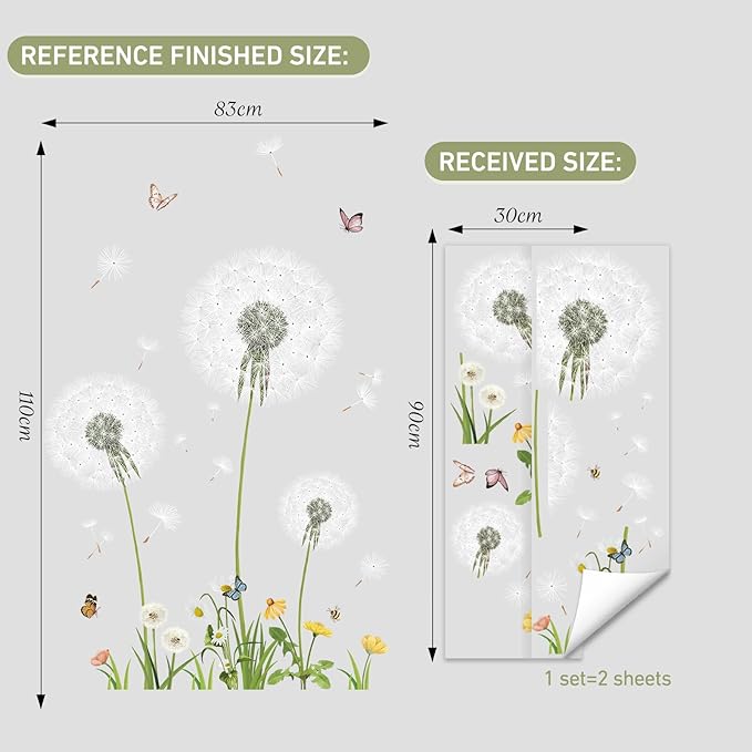 SHUCHING Large Dandelion Wall Decals Peel and Stick, Vinyl Flower Wall Sticker, Wall Decor Art Home Decoration for Living Room Bedroom Office