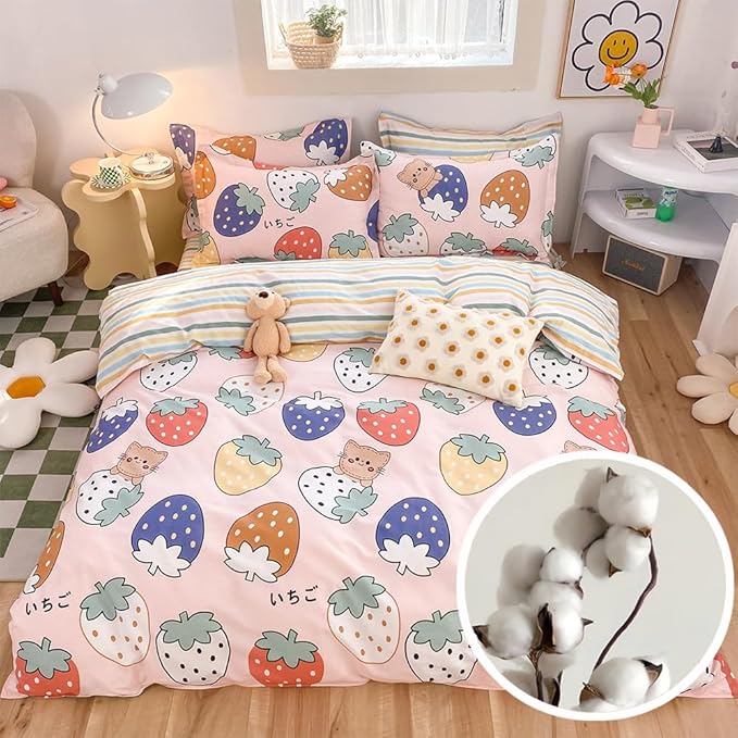 100% Cotton Kids Duvet Cover Set - Kawaii Cartoon Strawberry Bedding for Toddler Girls & Boys, Queen Size 3-Piece Breathable Soft Comforter Cover with Zipper Closure (Strawberry,Queen)