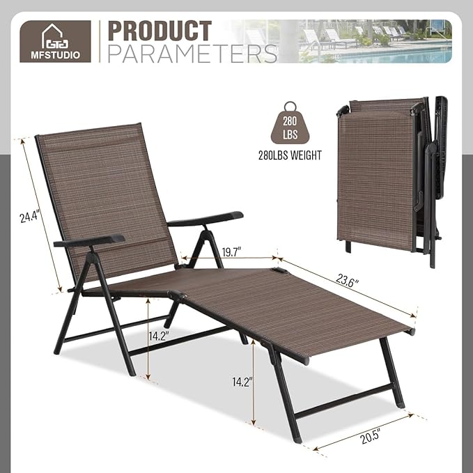 MFSTUDIO 2 Piece Outdoor Folding Patio Chaise Lounge Chairs, Set of 2 Outdoor Textiline Recliner Chairs Patio Lounge with 7 Position Adjustable for Beach, Backyard, Poolside, Lawn(Brown)