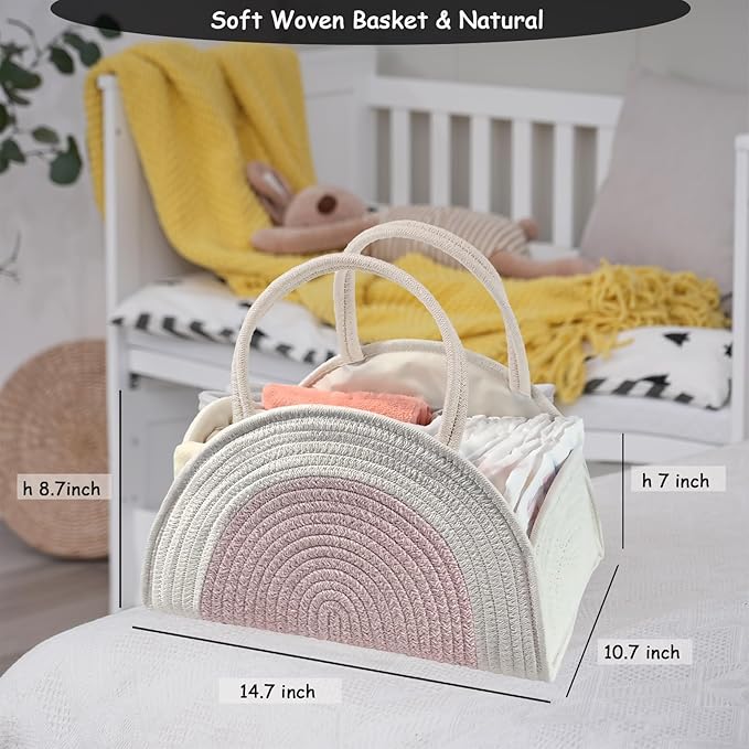 COMFY-HOMI Diaper Caddy Organizer with Gift Bags and Ribbons - Sturdy Cotton Rope Basket for Baby Girl & Boy Newborn Essentials, Large Gift Bag, Nursery Storage Caddy with Handles (white Pink)