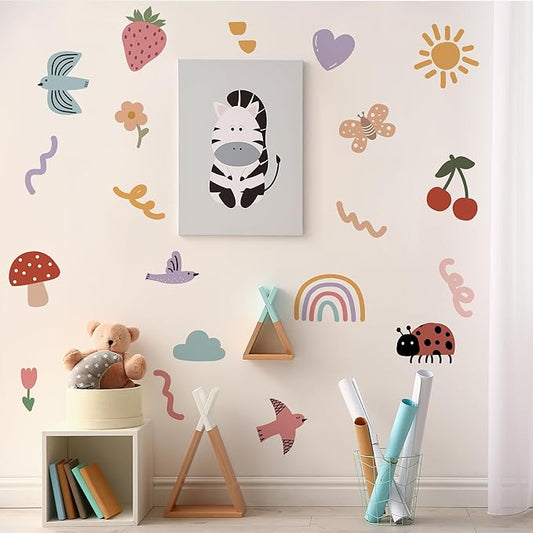 Insect Fruit Wall Decals,Watercolor Doodle Wall Stickers Decor,Peel and Stick Butterfly Mushrooms, Strawberries, Cherries Decals for Kids Bedroom Nursery Playroom Living Room and Bedroom Decoration