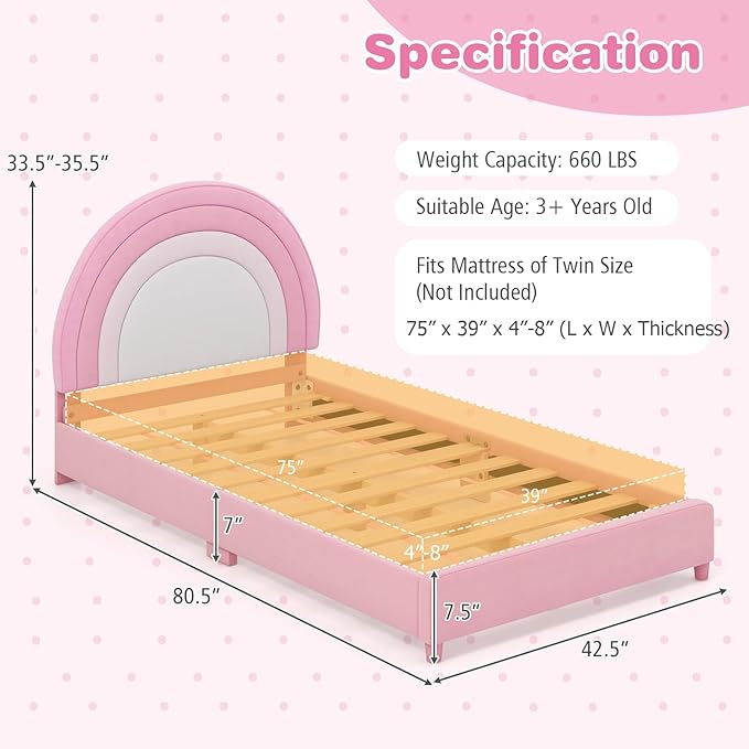 Costzon Twin Bed Frames with Adjustable Headboard, 660 LBS Weight Capacity Upholstered Wooden Kids Bed w/Slats Support, No Box Spring Needed, Easy Assembly, Twin Platform Bed Frame (Pink Rainbow)