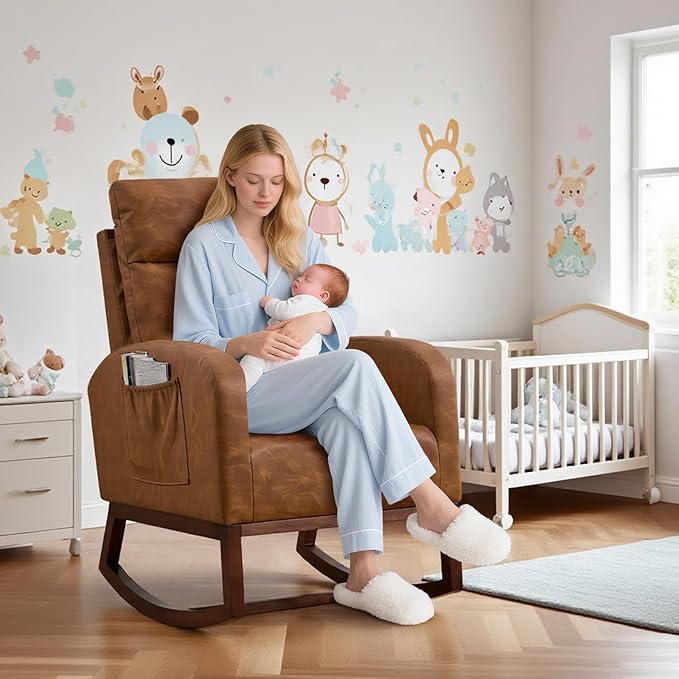 Rocking Chair Nursery, Modern Upholstered Glider Rocker with Side Pocket, Upholstered Lounge Chair with Solid Wood Base for Relaxin, for Living Room, Bedroom