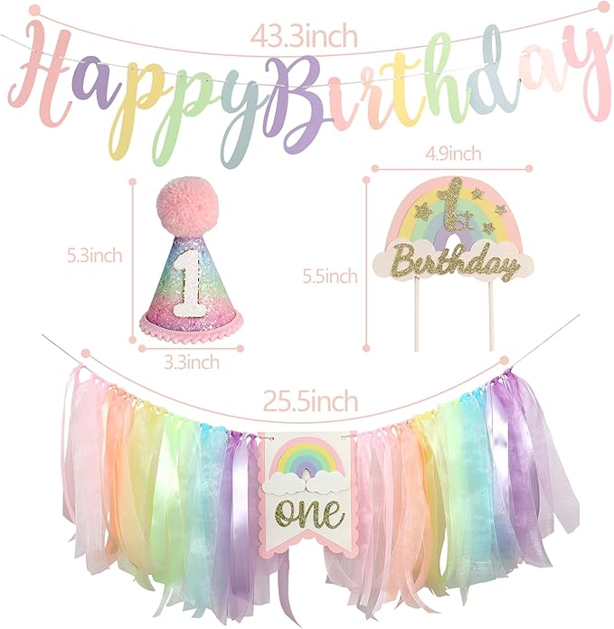 Macaron Pastel Rainbow High Chair Banner for 1st Birthday Decorations First One Birthday Party Girl with Cake Topper