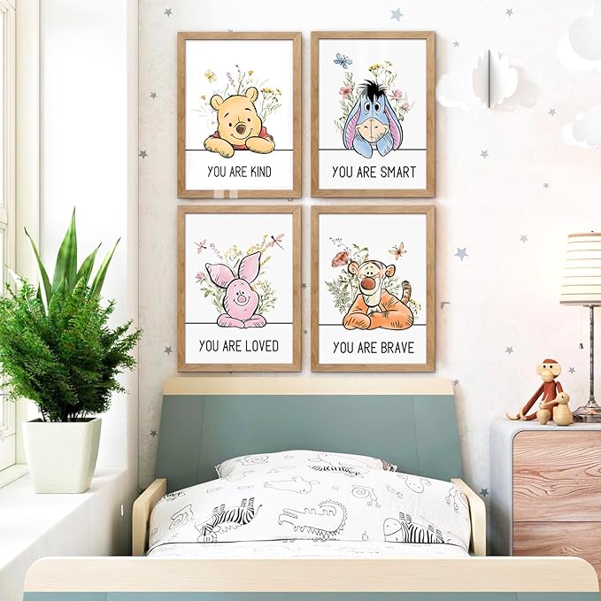 Cute Winnie the Pooh Quote Framed Wall Art Set of 4, Boho Educational You are Brave Strong Smart Kind Wooden Saying Sign for Baby Girl Kid Boy Toddlers, Preschool Inspirational Nursery Wall Decor