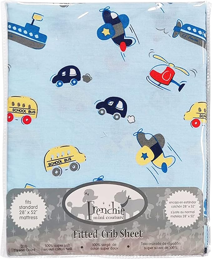 Frenchie Mini Couture, Fitted Crib Sheet Single, 100% Woven Cotton, Toddler Fitted Sheet, Fits Standard Size Baby Mattress 28 x 52 x 8in, Cars, Boats, & Planes (Light Blue)