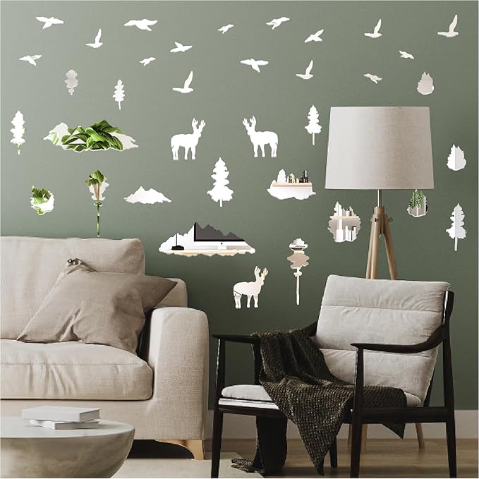 Woodland Tree Animal Wall Stickers Removable 3D Mirror Acrylic Wall Decals Mountain Pine Trees Decals Peel and Stick Forest Animals Tree Decor for Bedroom Living Room