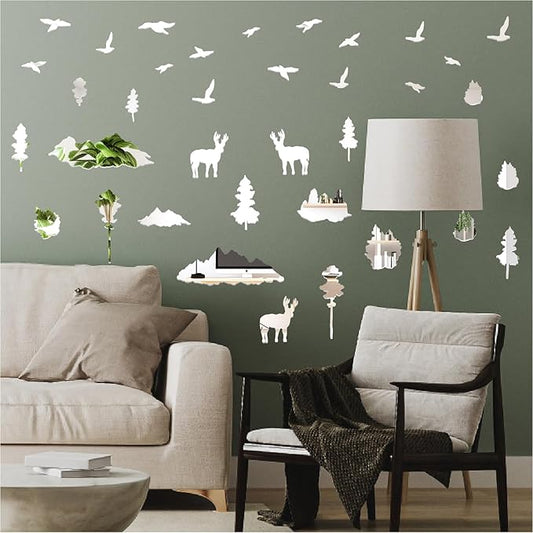 Woodland Tree Animal Wall Stickers Removable 3D Mirror Acrylic Wall Decals Mountain Pine Trees Decals Peel and Stick Forest Animals Tree Decor for Bedroom Living Room