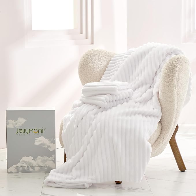 JELLYMONI Plush Duvet Cover Set - Queen Size Pure White Striped Fluffy Comforter Cover 3pcs Bedding Set Luxury Ultra Soft Faux Fur Duvet Cover with Zipper and 2 Pillowcases (NO Comforter)