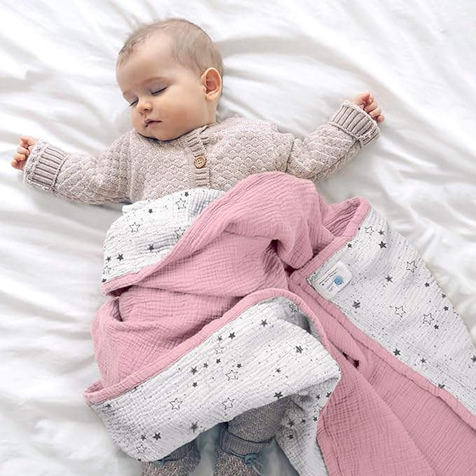 lulumoon Muslin Baby Blanket - Cotton Quilt Blankets for Toddlers - Reversible Nursery Crib Blanket for Baby Boys and Girls 47"x47"(Pink Star)