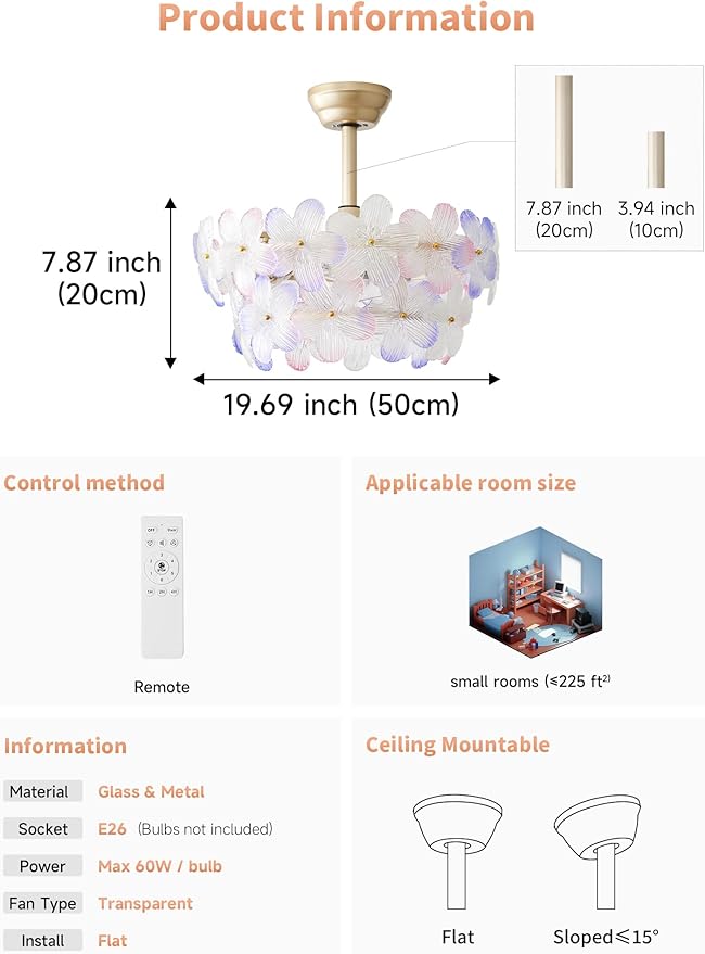 Gold Crystal Fandelier Ceiling Fans with Lights, 20" Gold Flower Chandelier Ceiling Fan with Light Remote Control, Caged Mid Century with 6 Speeds for Bedroom, Nursery, Living Room (Multi)