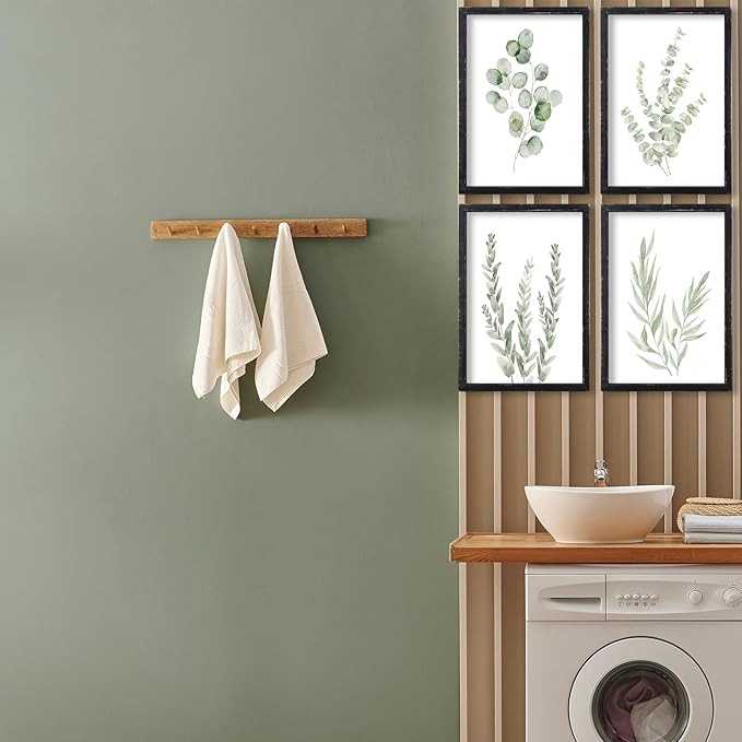Botanical Wall Decor Sign 16x11 Inch Set of 4 Sage Green Plants Wood Framed For Bathroom Modren Bedroom Aesthetic Watercolor Laundry Room Art Wall Hanging (Black)