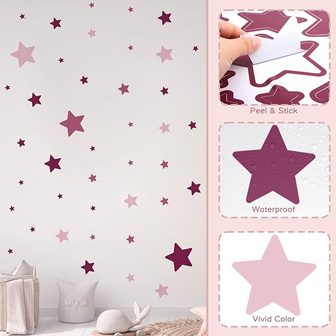 Stars Wall Stickers for Kids Room Nursery, Purple Tone Stars Wall Decals for Girls Bedroom, Vinyl Stars Wall Decals Peel and Stick for Girls Kids