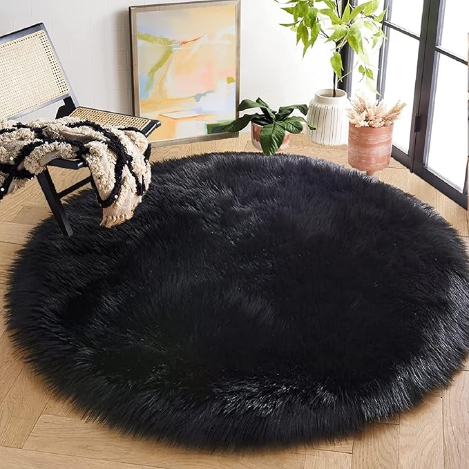 Washable Faux Fluffy Fur Round Area 6.6ft Rugs for Living Room Black Large Furry Rug for Bedroom Boho Circle Nursery Rug Teen Room Décor