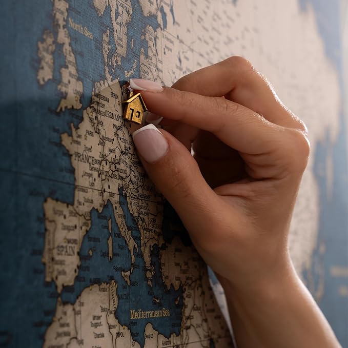 Canvas World Map with Cork Pin Board - English Lettering - Decorative Wall Decoration for All Rooms - Canvas Pictures with World Map Motif (90x60 cm, Pattern 18)