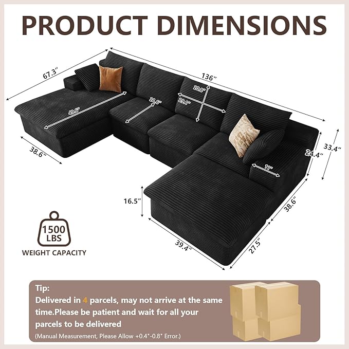 136" Cloud Modular Sectional Sofa with 1 Ottoman, Modern Upholstered Corduroy Couches, Comfort U Shaped Sofa for Living Room, Deep Seat Boneless Couch, No Assembly Required(Black,Left Facing Chaise)