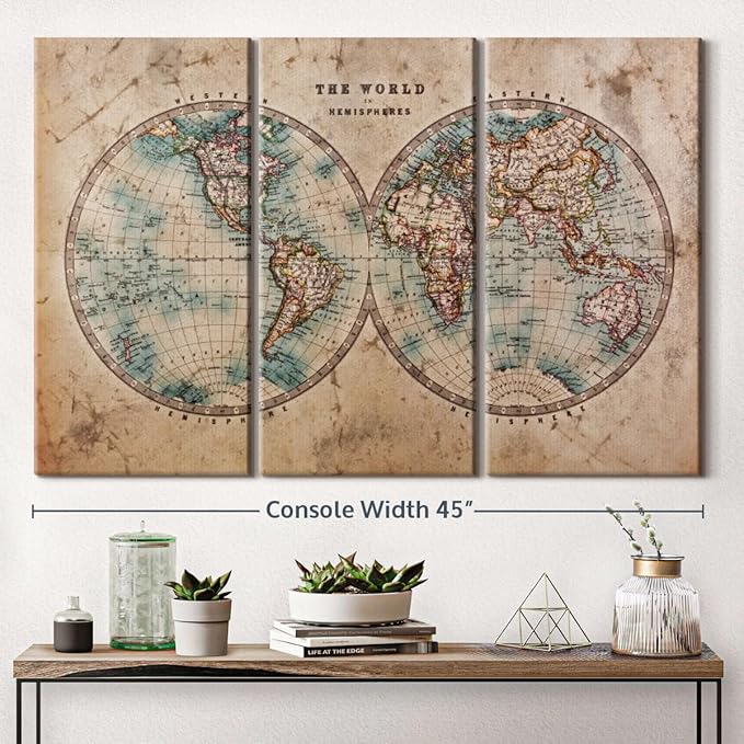ElephantStock Hemisphere Map Wall Art Multi Piece Canvas - 3 Piece Canvas World Map Wall Decor - Wall Decor Print - Vintage Wall Art - 45" X 28"