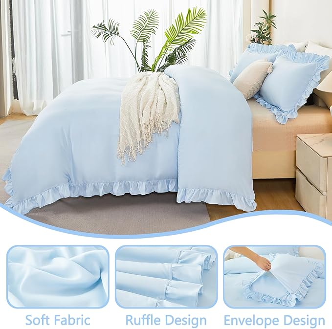 Light Blue Bedding Cover Set for Girls Full Size Vintage Farmhouse Ruffle Duvet Cover 3 Pieces Solid Color Bed Cover Sets for Kids Bedroom Decor(Light Blue, Full)