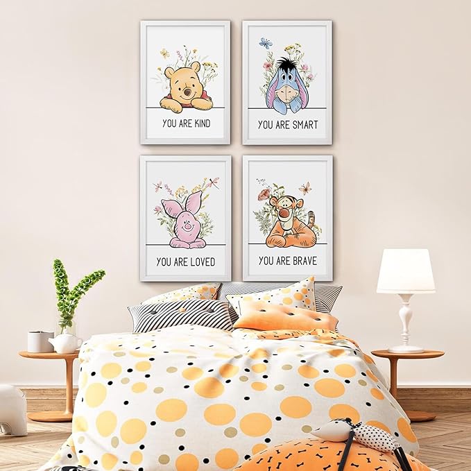 Cute Winnie the Pooh Quote Framed Wall Art Set of 4, Boho Educational You are Brave Strong Smart Kind Wooden Saying Sign, Preschool Inspirational Nursery Wall Decor for Baby Girl Kid Boy Toddlers