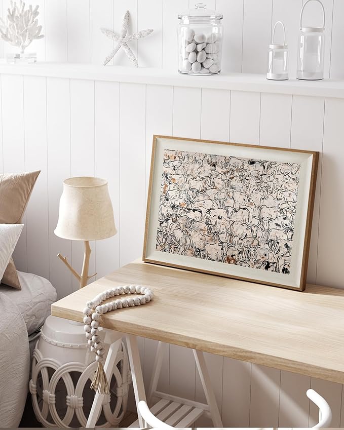 ARPEOTCY Framed Canvas Wall Art, 12x16 Abstract Cattle Herd Painting, Minimalist Line Art in Neutral Tones, Modern Western Farmhouse Wall Decor for Living Room or Office
