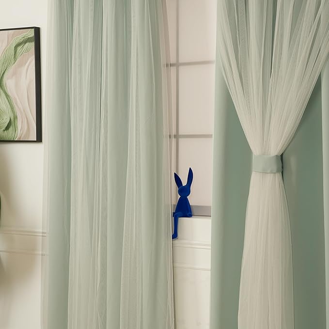 INLINAS 52 x 84 Inch Blackout Curtains with Sheer Overlay - Grommets Thermal and Noise Reduction Panels for Bedroom and Living Room Light Blocking and Energy Saving, Mint, Set of 2