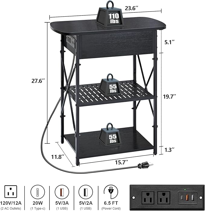 Livofloral Narrow End Table with Charging Station, Side Table with 3 USB Ports and 2 AC Outlets, Flip Top End Table with Storage, Black Side Tables Living Room, Nightstand with Drawer for Bedroom