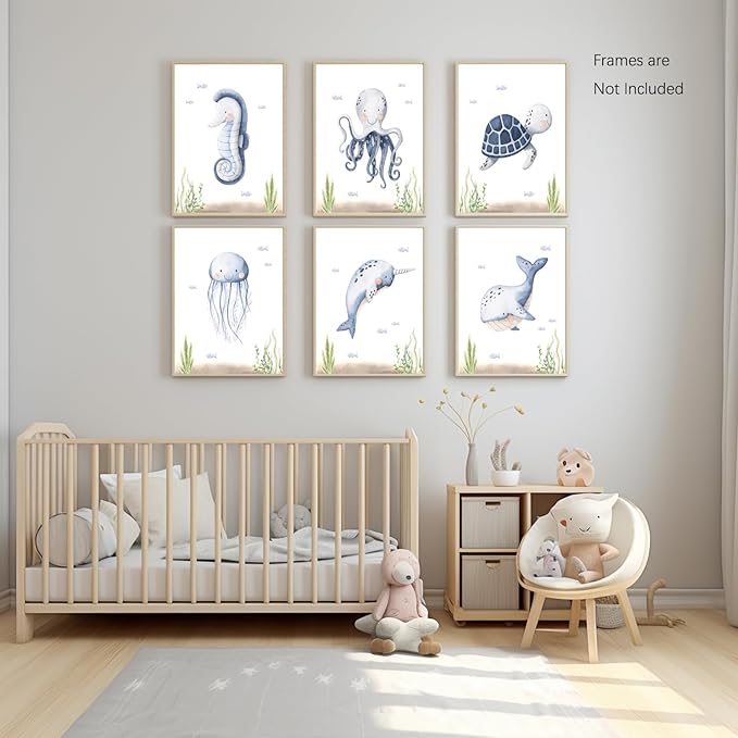 Wodkwq Nursery Wall Art Sea Animal Canvas Prints Baby Girl Boy Room Decor Watercolor Paintings Pictures Cute Ocean Theme Toddler Room Decoration Set of 6 for Kids Bedroom Bathroom 12x16in Unframed