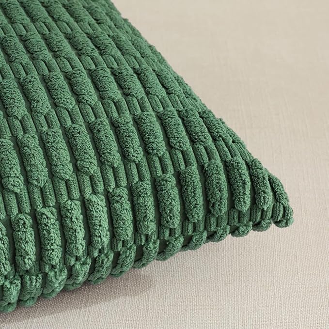 Fancy Homi 2 Packs Green Decorative Throw Pillow Covers 24x24 Inch for Living Room Couch Bed Sofa, Rustic Farmhouse Boho Home Decor, Soft Striped Corduroy Square Cushion Case 60x60 cm