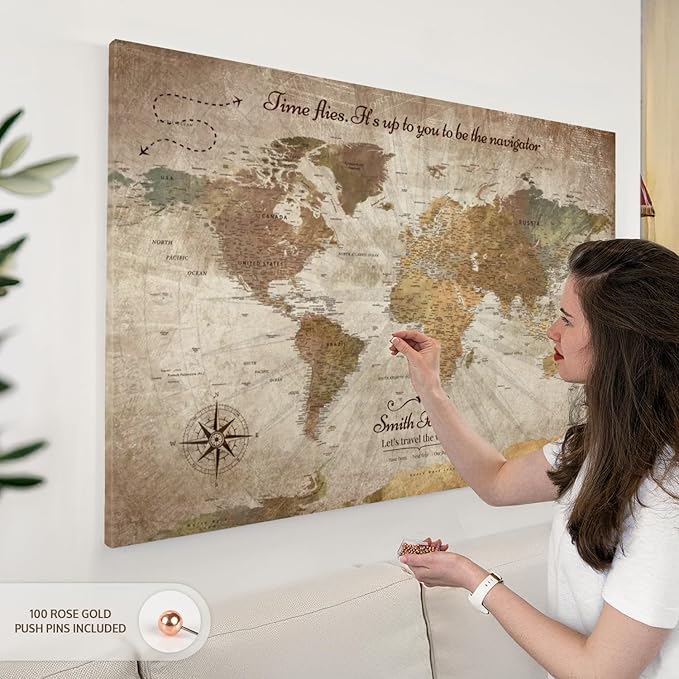 ElephantStock - Personalized Be The Navigator I Push Pin World Map Wall Art - Horizontal Canvas Wall Art - Living Room Wall Decor - Digital Art Map Canvas Art - Brown And Beige Decor - 48" x 32"