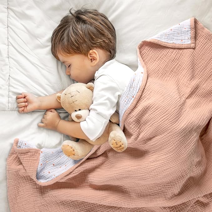 lulumoon Muslin Baby Blanket - Cotton Quilt Blankets for Toddlers - Reversible Nursery Crib Blanket for Baby Boys and Girls 47"x47"(Peach Pink)