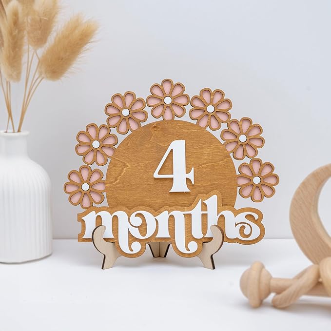 Wooden Baby Monthly Milestone Set, Floral Baby Age Tracker with Numbers and Months Weeks Signs, 3D Layered Wood Photo Prop for Newborn Monthly Pictures, Cute Floral Nursery Keepsake