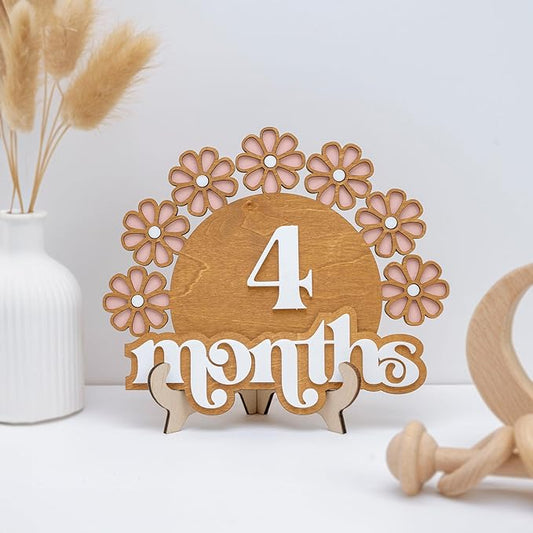 Wooden Baby Monthly Milestone Set, Floral Baby Age Tracker with Numbers and Months Weeks Signs, 3D Layered Wood Photo Prop for Newborn Monthly Pictures, Cute Floral Nursery Keepsake