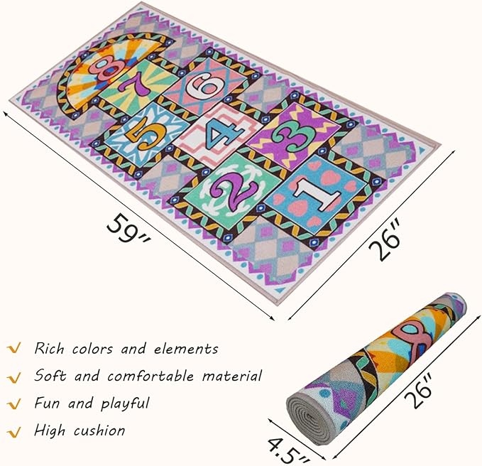 Kids Colorful Educational Hopscotch Game Rug, Numbers 1-8 Pattern, Geometric Border Design, Rectangular Floor Mat for Playroom