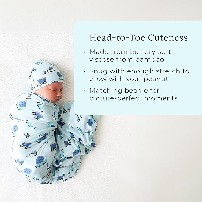 Posh Peanut Unisex Baby Swaddle Blanket - Large Premium Knit Viscose from Bamboo - Infant Swaddle Wrap, Receiving Blanket and Beanie Set, Baby Shower Newborn Gift, Registry - Enzo