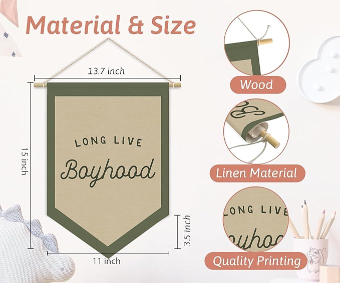 Boys Room Decor, Long Live Boyhood Linen Canvas Banner, Boy Nursery Wall Hanging Pennant Flag Banner for Boys Kids Toddler Room Bedroom Playroom Decor, 15x11in - Green